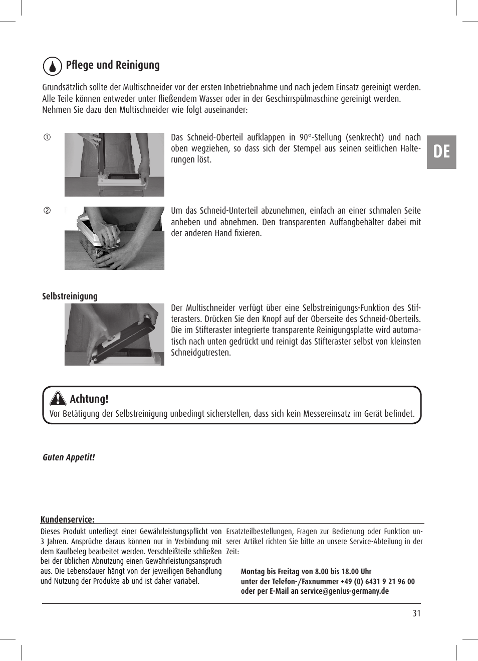 Achtung! pflege und reinigung | Ernesto Multi Slicer User Manual | Page 31 / 32