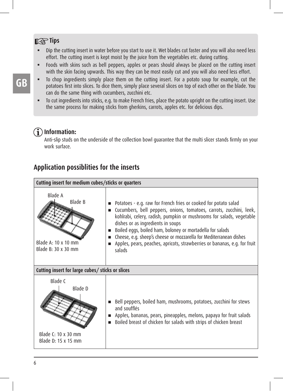 Application possiblities for the inserts, Tips, Information | Ernesto Multi Slicer User Manual | Page 6 / 32