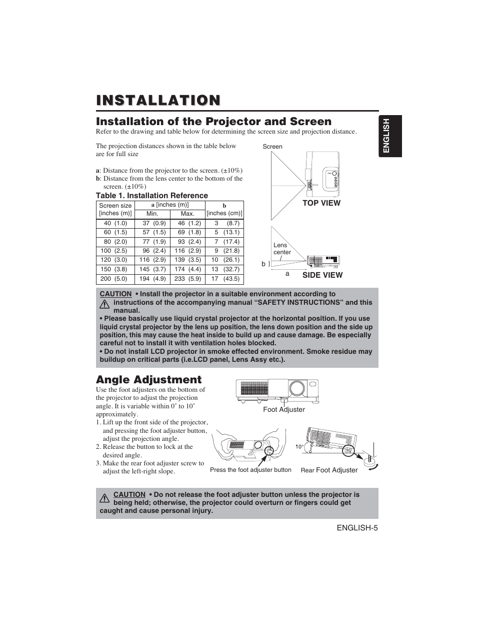 Installation, Installation of the projector and screen, Angle adjustment | Dukane 28A8751 User Manual | Page 15 / 48