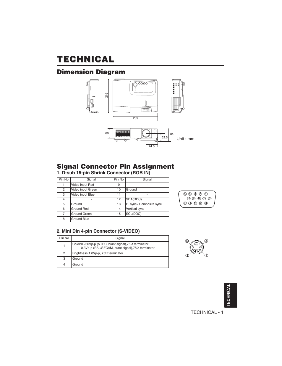 Technical, Dimension diagram, Signal connector pin assignment | Technical - 1, Mini din 4-pin connector (s-video), D-sub 15-pin shrink connector (rgb in) | Dukane 28A8751 User Manual | Page 35 / 48