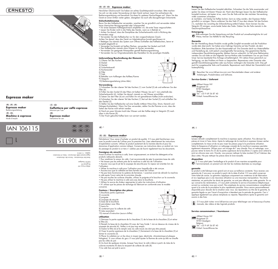 Ernesto Espresso Maker User Manual | 2 pages