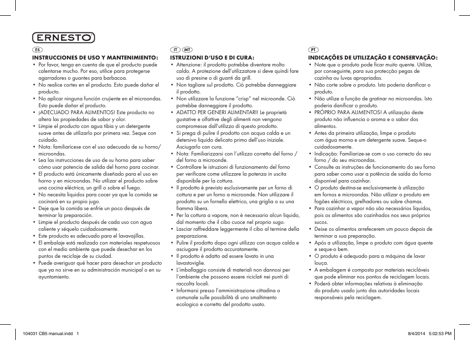 Ernesto 104031-14-0x User Manual | 2 pages