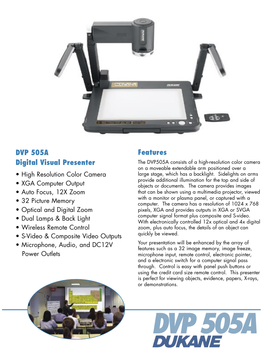 Dukane Digital Visual Presenter DVP505A User Manual | 2 pages