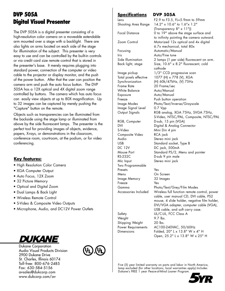 Dvp 505a digital visual presenter | Dukane Digital Visual Presenter DVP505A User Manual | Page 2 / 2