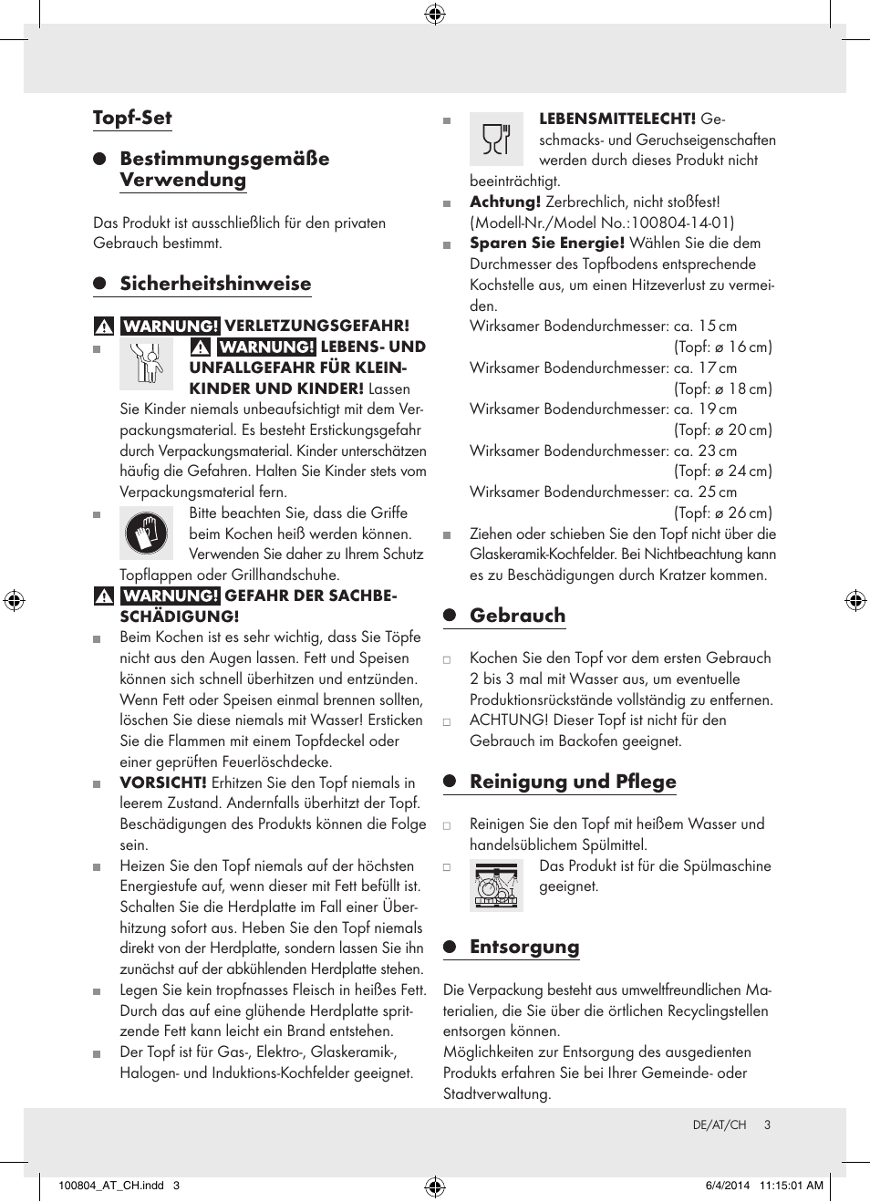 Topf-set bestimmungsgemäße verwendung, Sicherheitshinweise, Gebrauch | Reinigung und pflege, Entsorgung | Ernesto Z31549 User Manual | Page 3 / 7