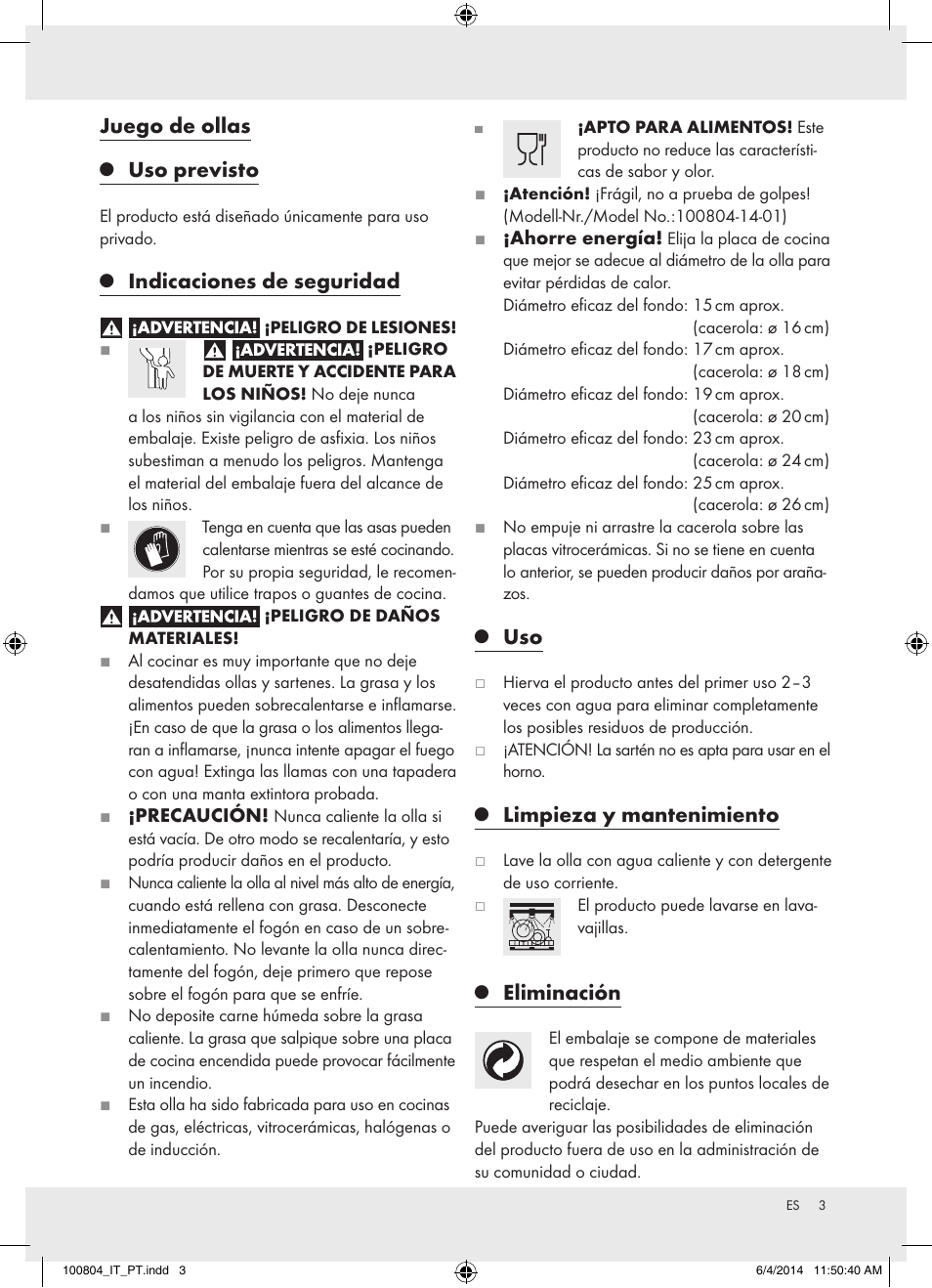 Juego de ollas, Uso previsto, Indicaciones de seguridad | Limpieza y mantenimiento, Eliminación | Ernesto Z31549 User Manual | Page 3 / 8