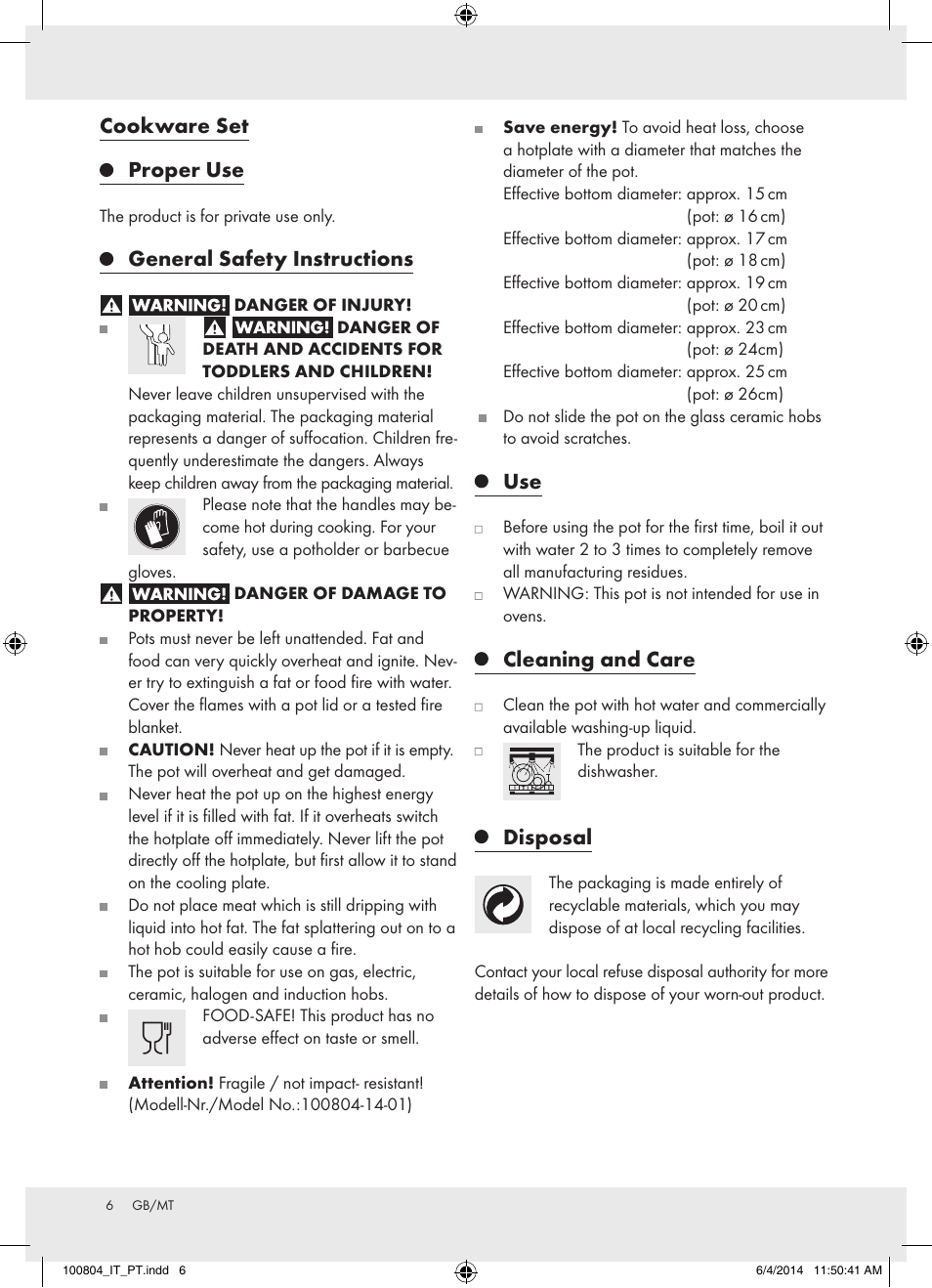 Cookware set proper use, General safety instructions, Cleaning and care | Disposal | Ernesto Z31549 User Manual | Page 6 / 8