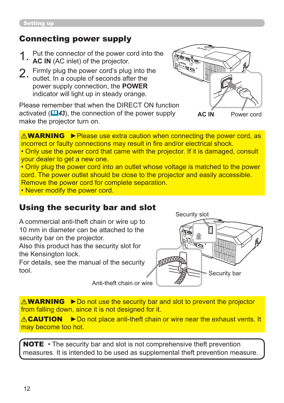 Connecting power supply, Using the security bar and slot | Dukane Projector 8920H-RJ User Manual | Page 12 / 75