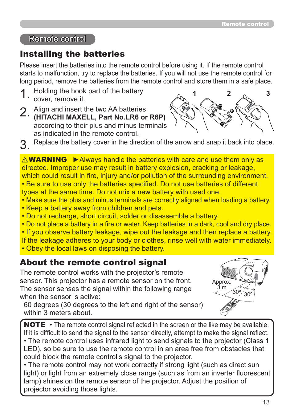 Remote control about the remote control signal, Installing the batteries | Dukane Projector 8920H-RJ User Manual | Page 13 / 75