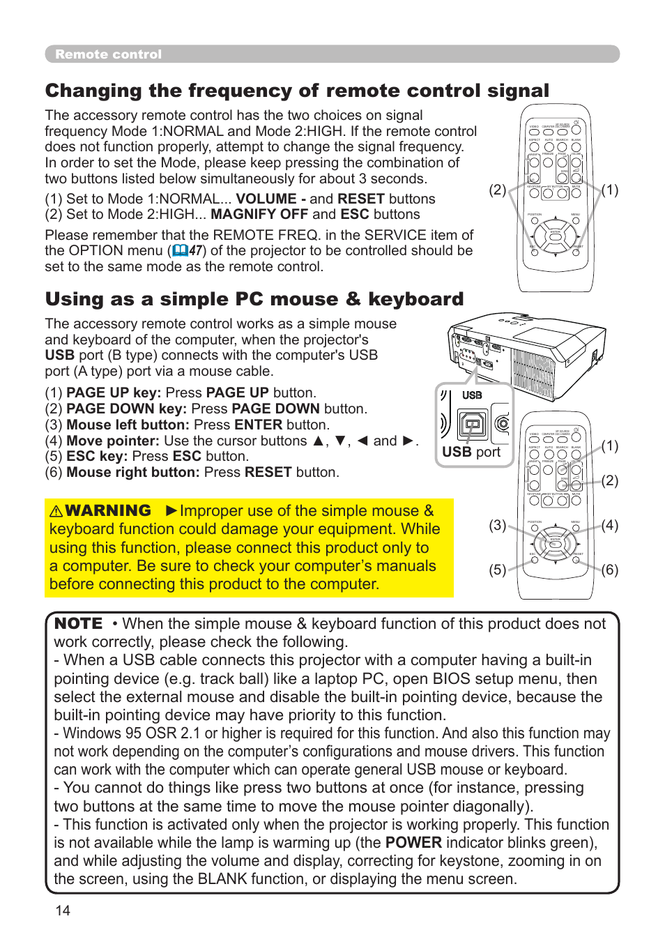 Changing the frequency of remote control signal, Using as a simple pc mouse & keyboard, Remote control | Dukane Projector 8920H-RJ User Manual | Page 14 / 75
