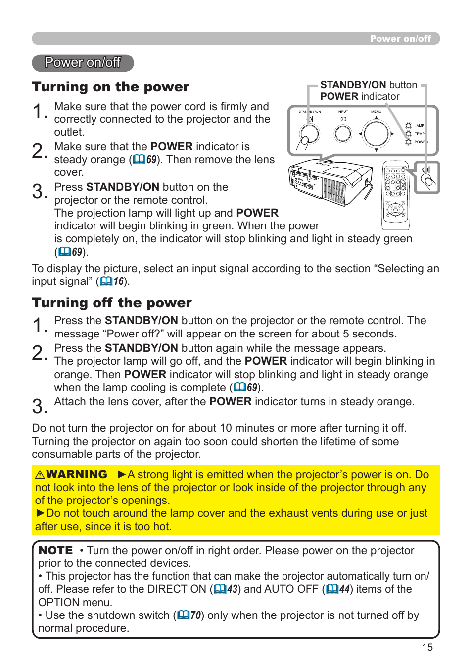 Turning on the power, Power on/off, Turning off the power | Dukane Projector 8920H-RJ User Manual | Page 15 / 75