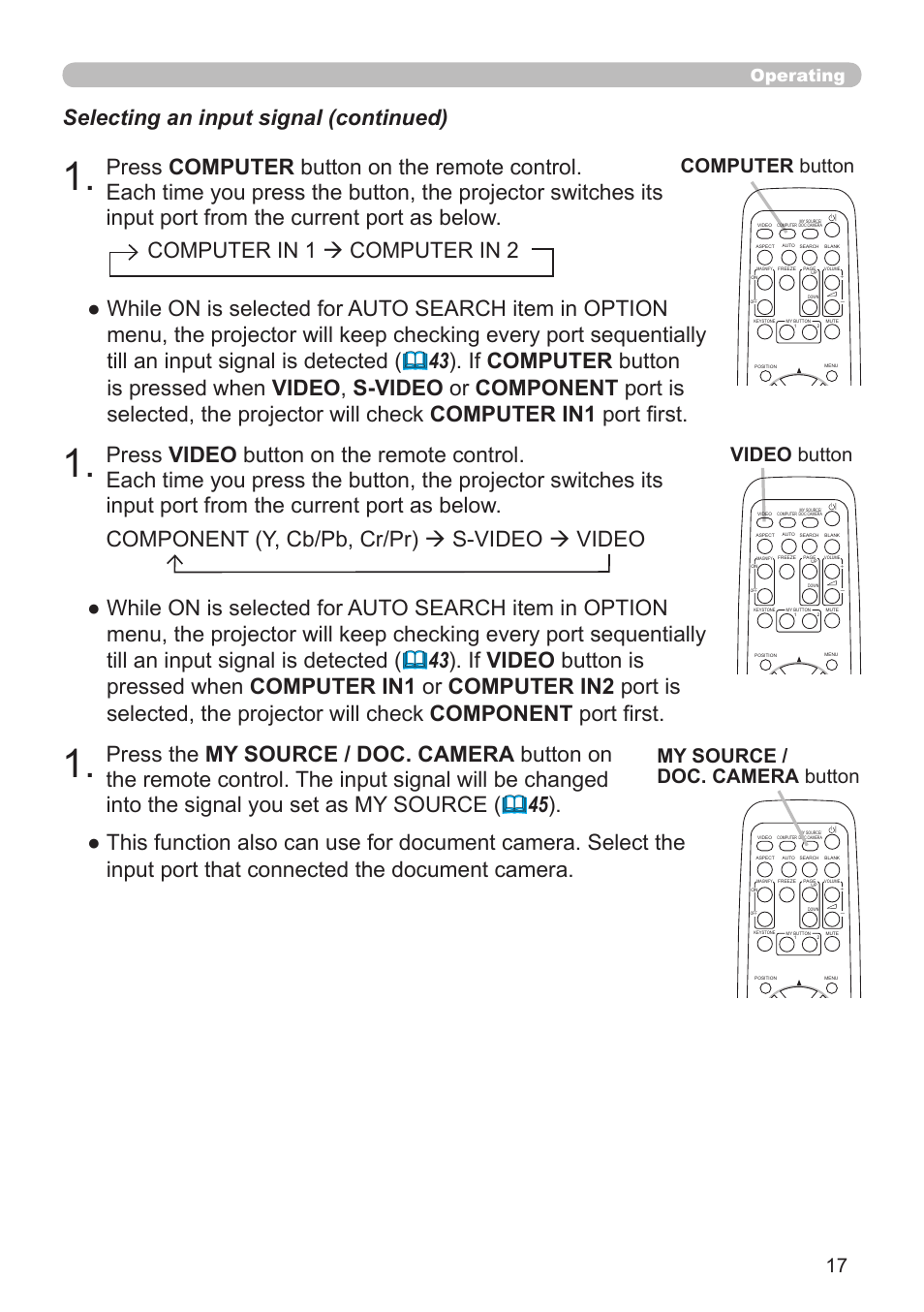 Video button, My source / doc. camera button, Computer button | Operating | Dukane Projector 8920H-RJ User Manual | Page 17 / 75