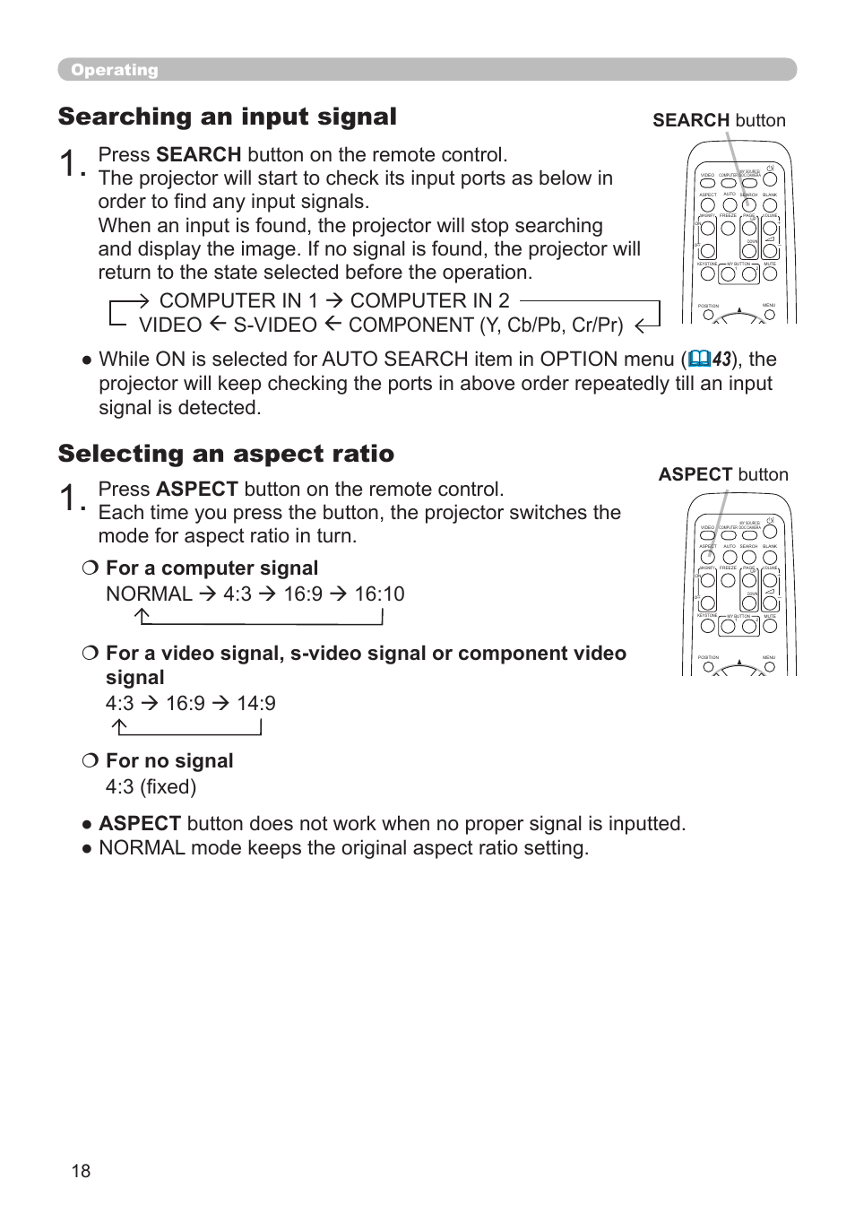 Selecting an aspect ratio, Searching an input signal, Search button aspect button | Operating | Dukane Projector 8920H-RJ User Manual | Page 18 / 75
