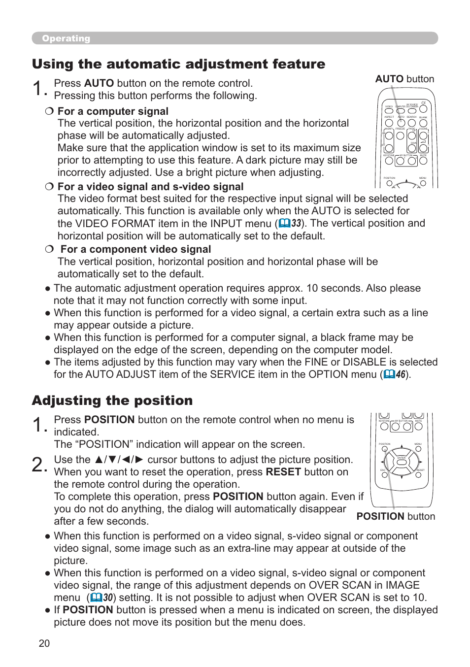 Adjusting the position, Using the automatic adjustment feature, Position button | Auto button, Operating | Dukane Projector 8920H-RJ User Manual | Page 20 / 75