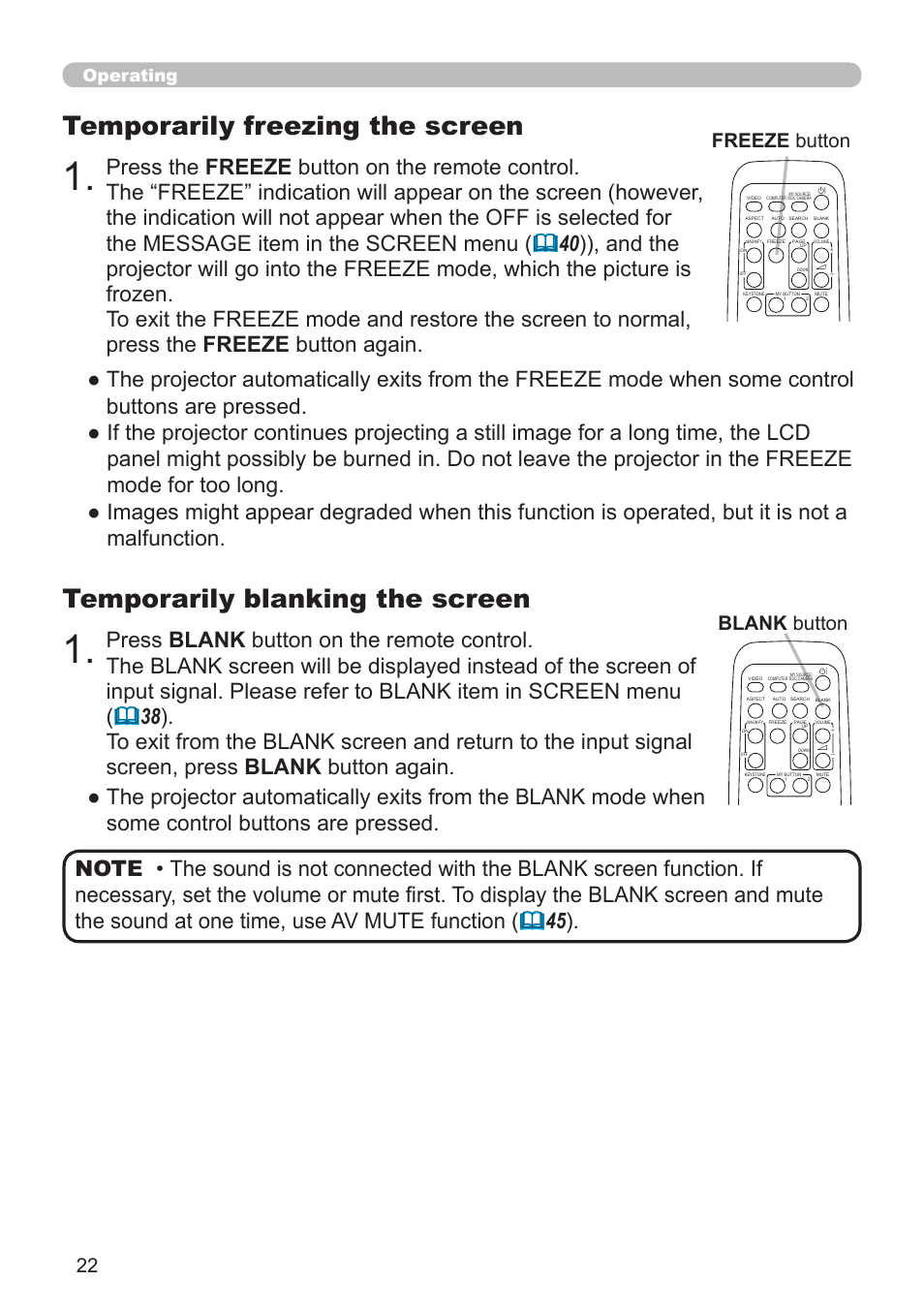 Temporarily blanking the screen, Temporarily freezing the screen, Freeze button | Blank button, Operating | Dukane Projector 8920H-RJ User Manual | Page 22 / 75