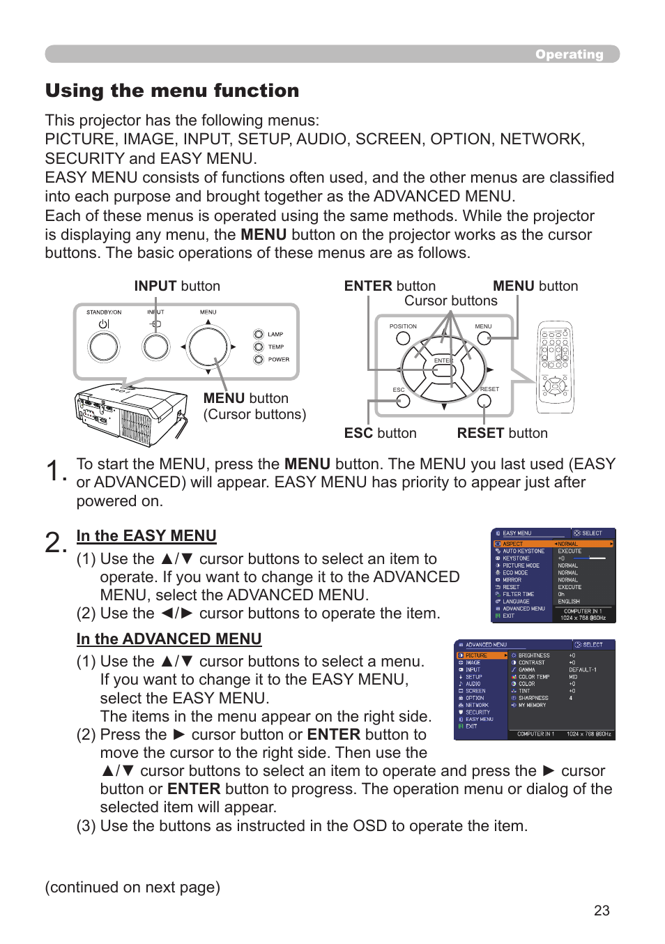 Using the menu function, Continued on next page), Menu button (cursor buttons) | Esc button, Input button, Operating | Dukane Projector 8920H-RJ User Manual | Page 23 / 75