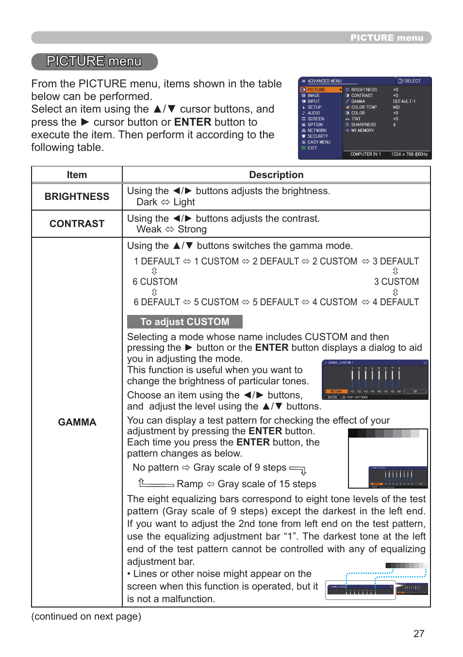 Picture menu | Dukane Projector 8920H-RJ User Manual | Page 27 / 75