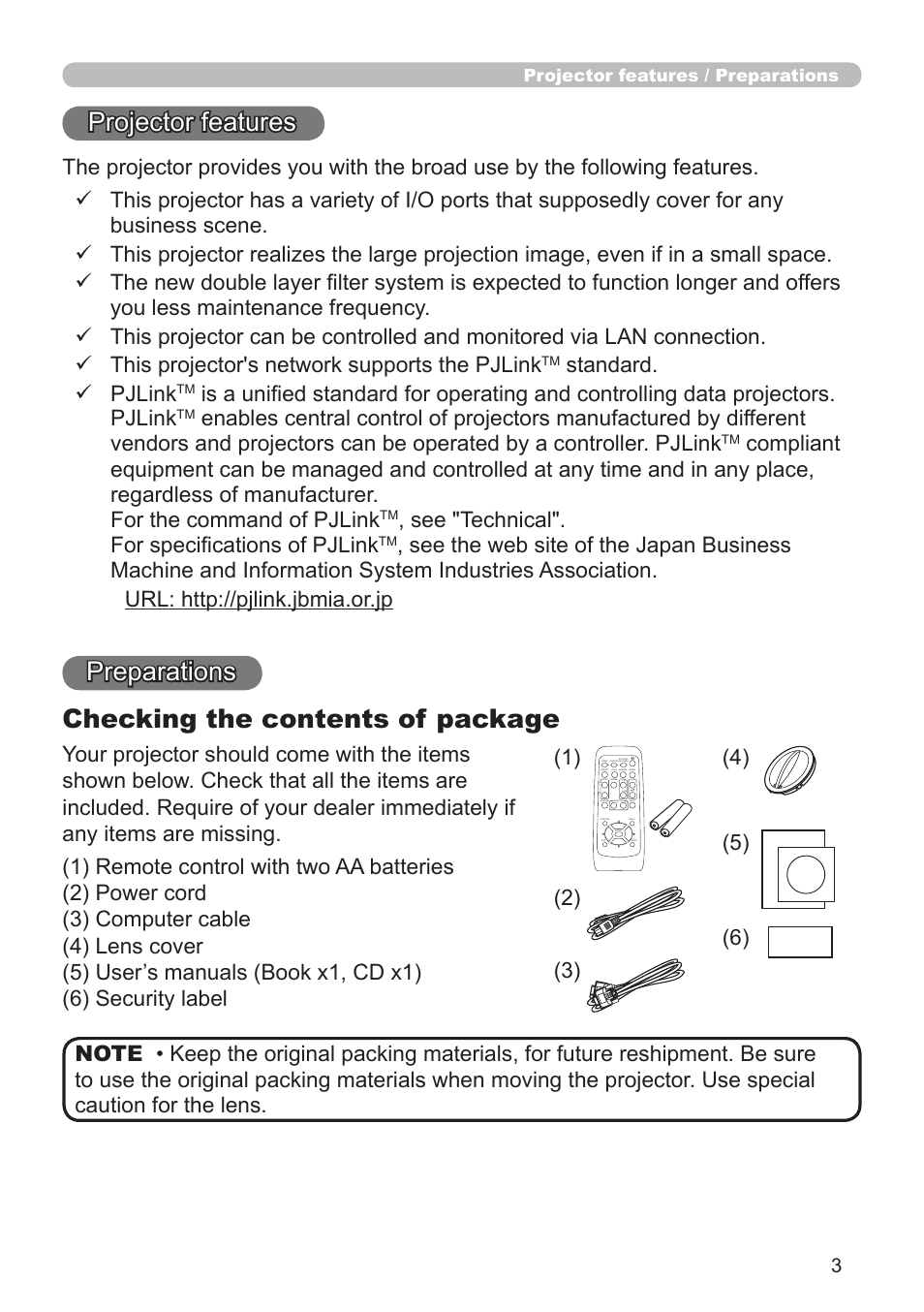 Projector features, Preparations checking the contents of package | Dukane Projector 8920H-RJ User Manual | Page 3 / 75