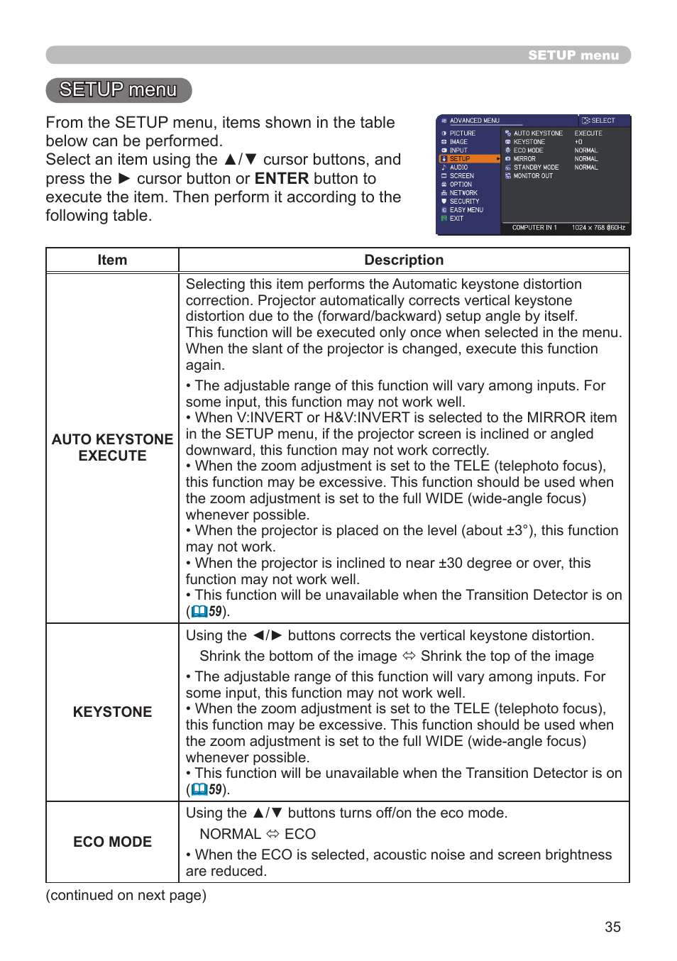 Setup menu | Dukane Projector 8920H-RJ User Manual | Page 35 / 75