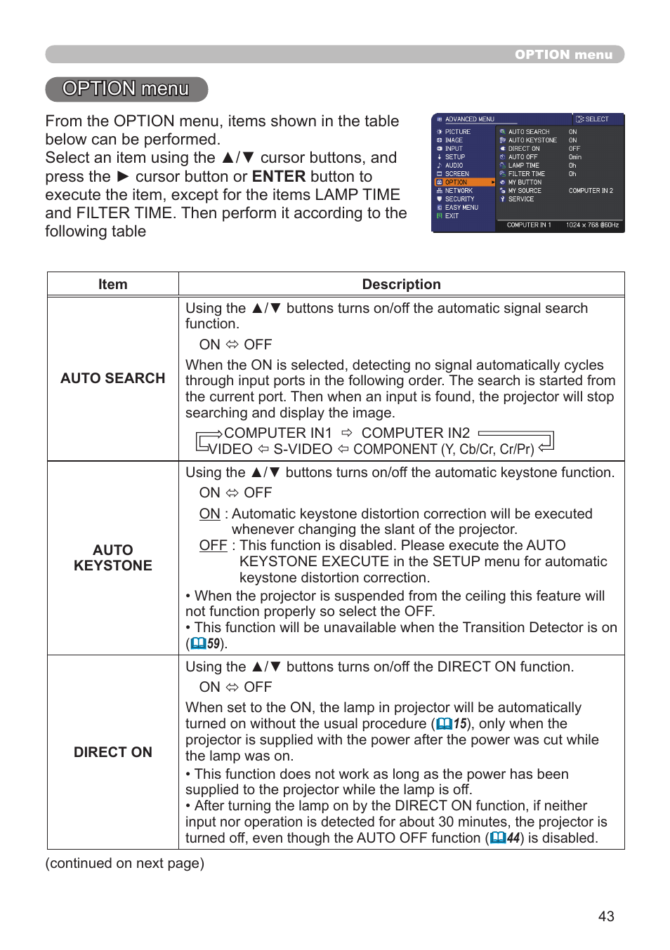 Option menu | Dukane Projector 8920H-RJ User Manual | Page 43 / 75