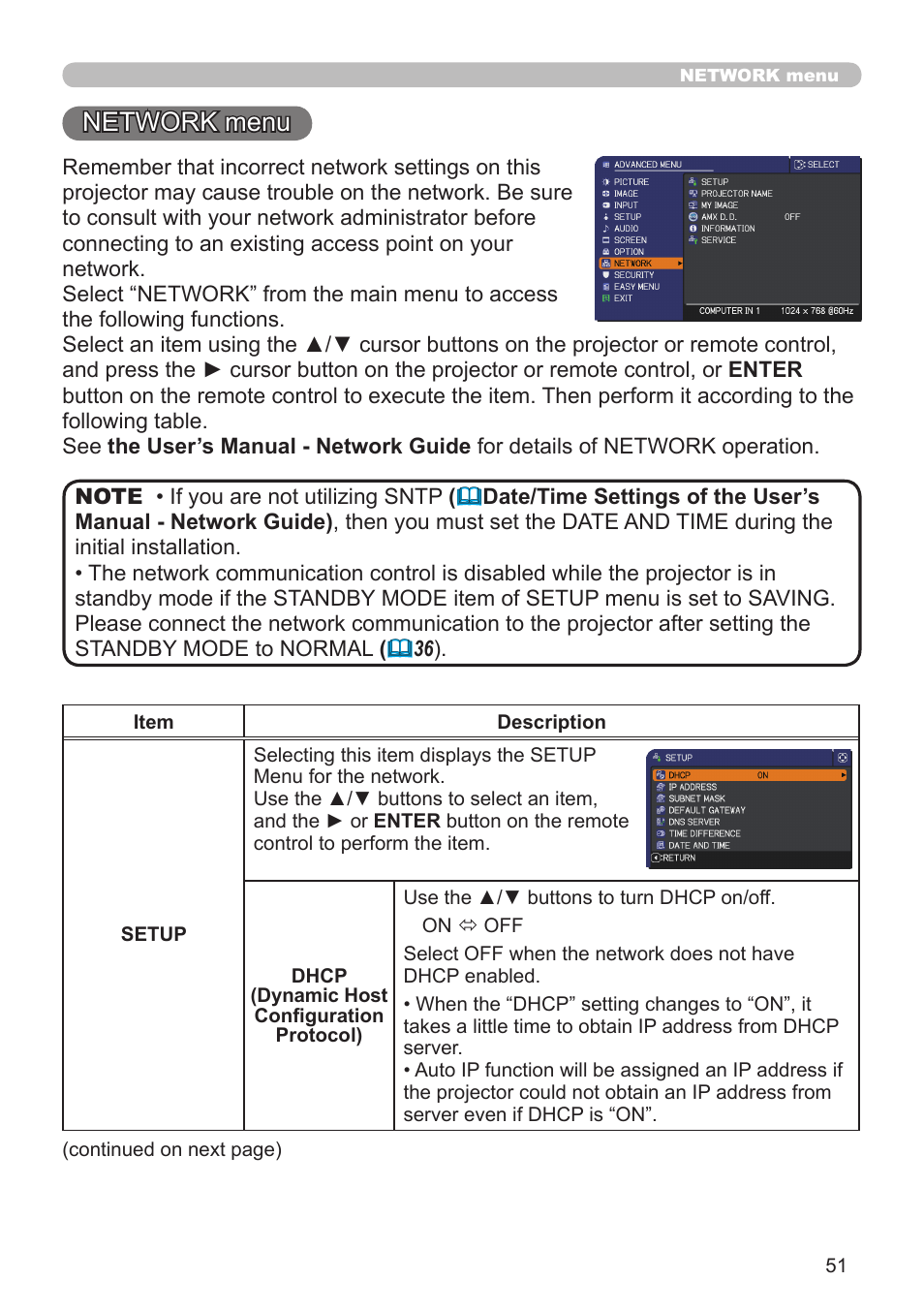 Network menu | Dukane Projector 8920H-RJ User Manual | Page 51 / 75