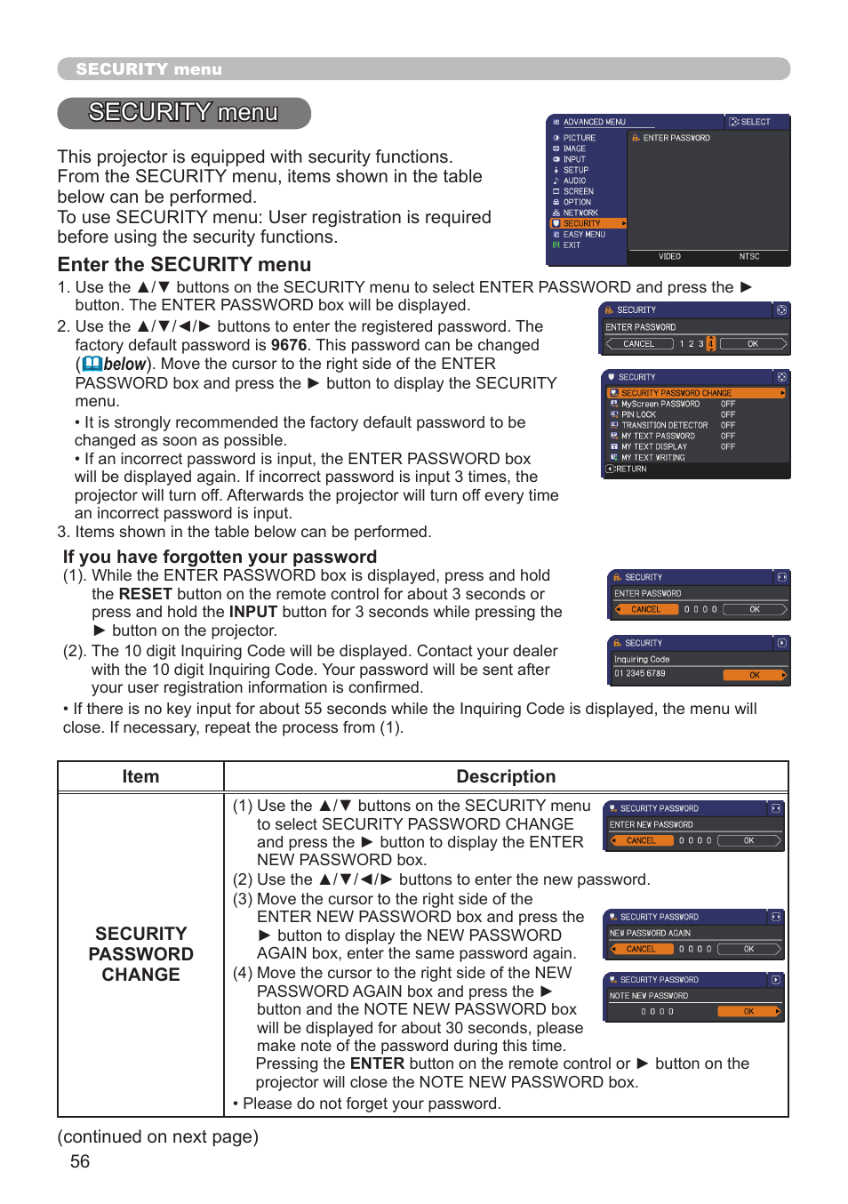 Security menu | Dukane Projector 8920H-RJ User Manual | Page 56 / 75