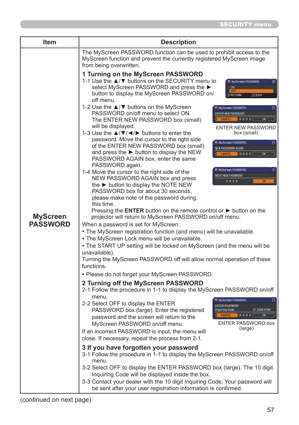 Myscreen password | Dukane Projector 8920H-RJ User Manual | Page 57 / 75