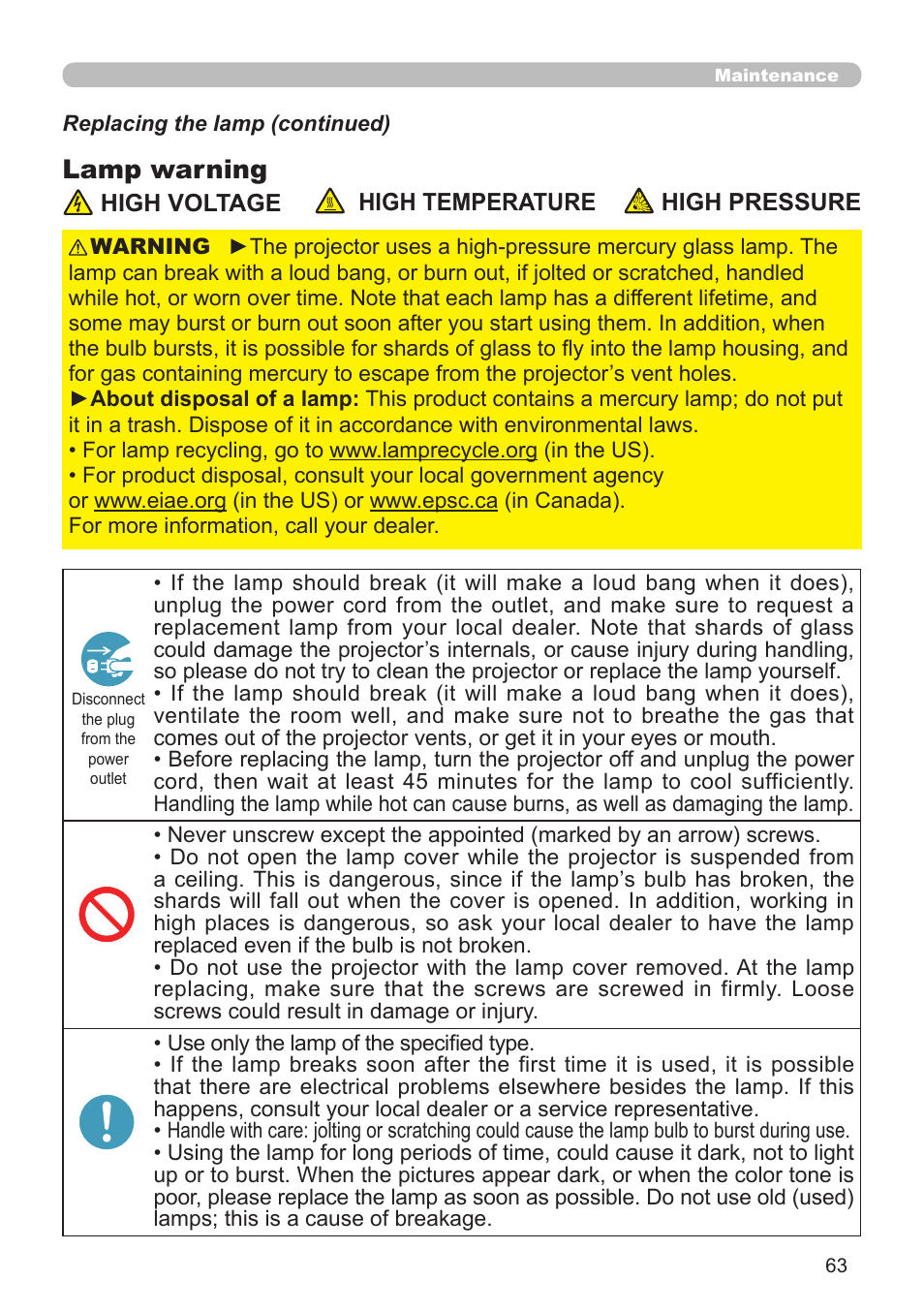 Lamp warning | Dukane Projector 8920H-RJ User Manual | Page 63 / 75