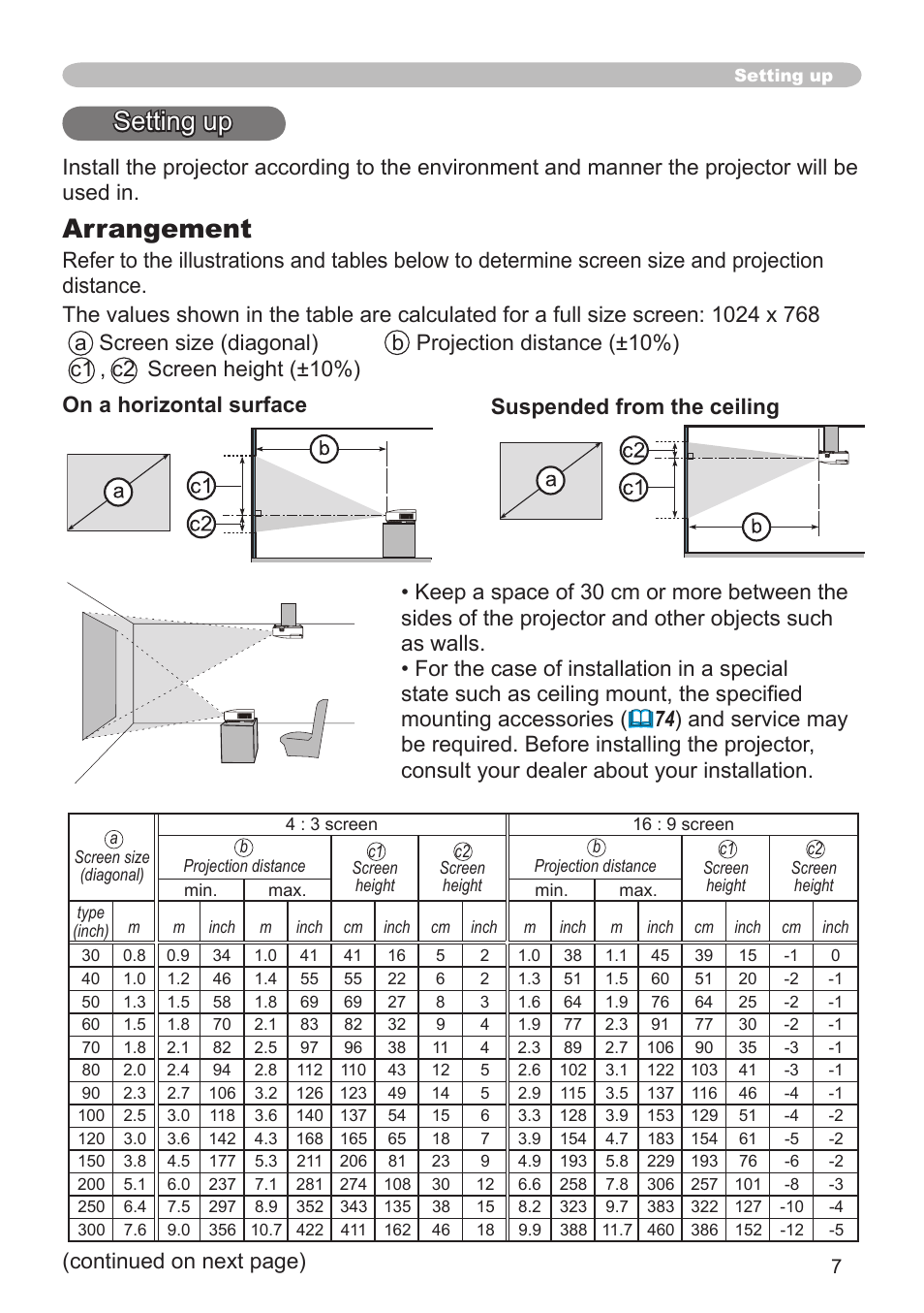 Arrangement, Setting up, Continued on next page) | Dukane Projector 8920H-RJ User Manual | Page 7 / 75