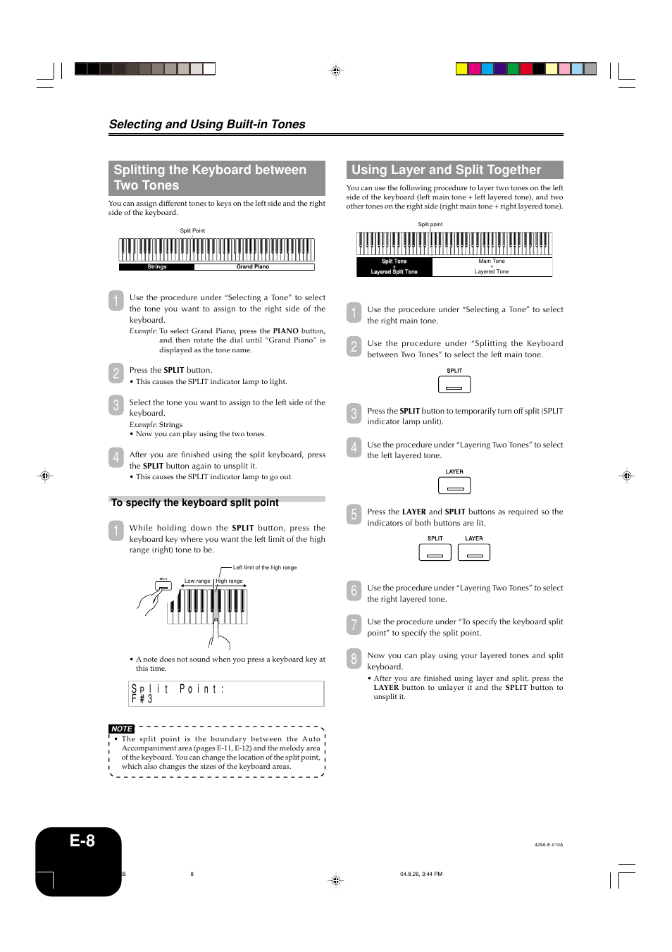 Using layer and split together, Splitting the keyboard between two tones, Selecting and using built-in tones | Casio AP-80R User Manual | Page 10 / 53