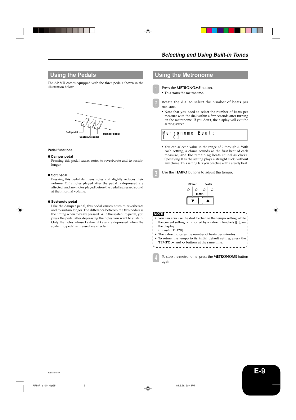 Using the metronome, Using the pedals, Selecting and using built-in tones | Casio AP-80R User Manual | Page 11 / 53