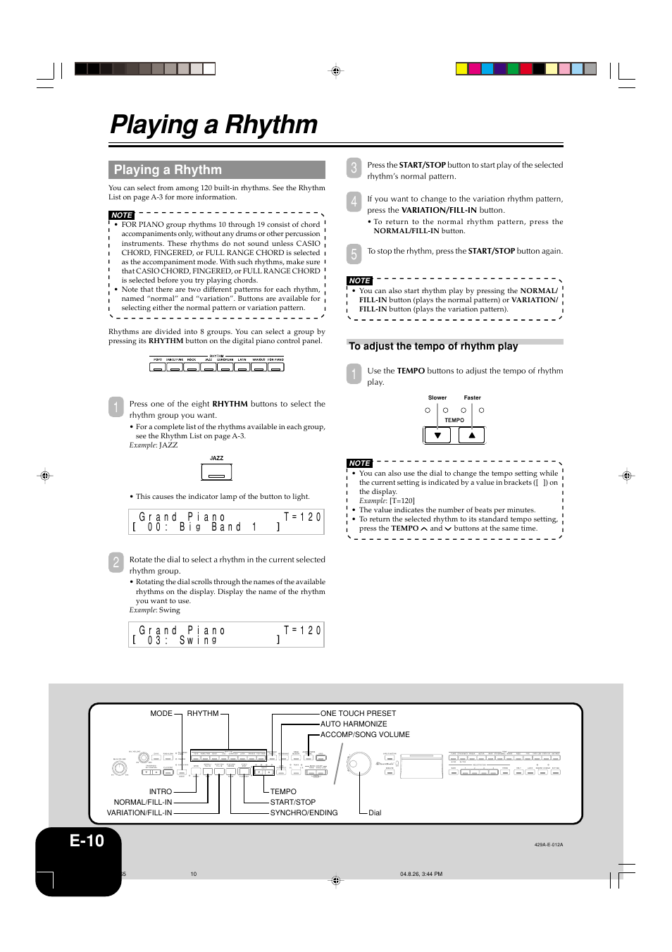 Playing a rhythm, E-10 | Casio AP-80R User Manual | Page 12 / 53