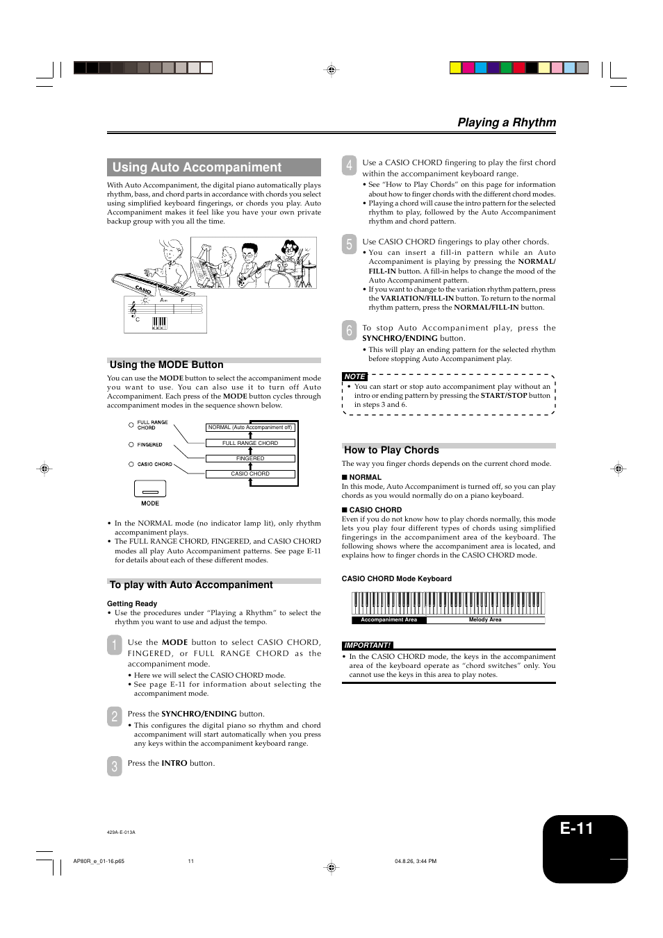 E-11, Using auto accompaniment, Playing a rhythm | Casio AP-80R User Manual | Page 13 / 53
