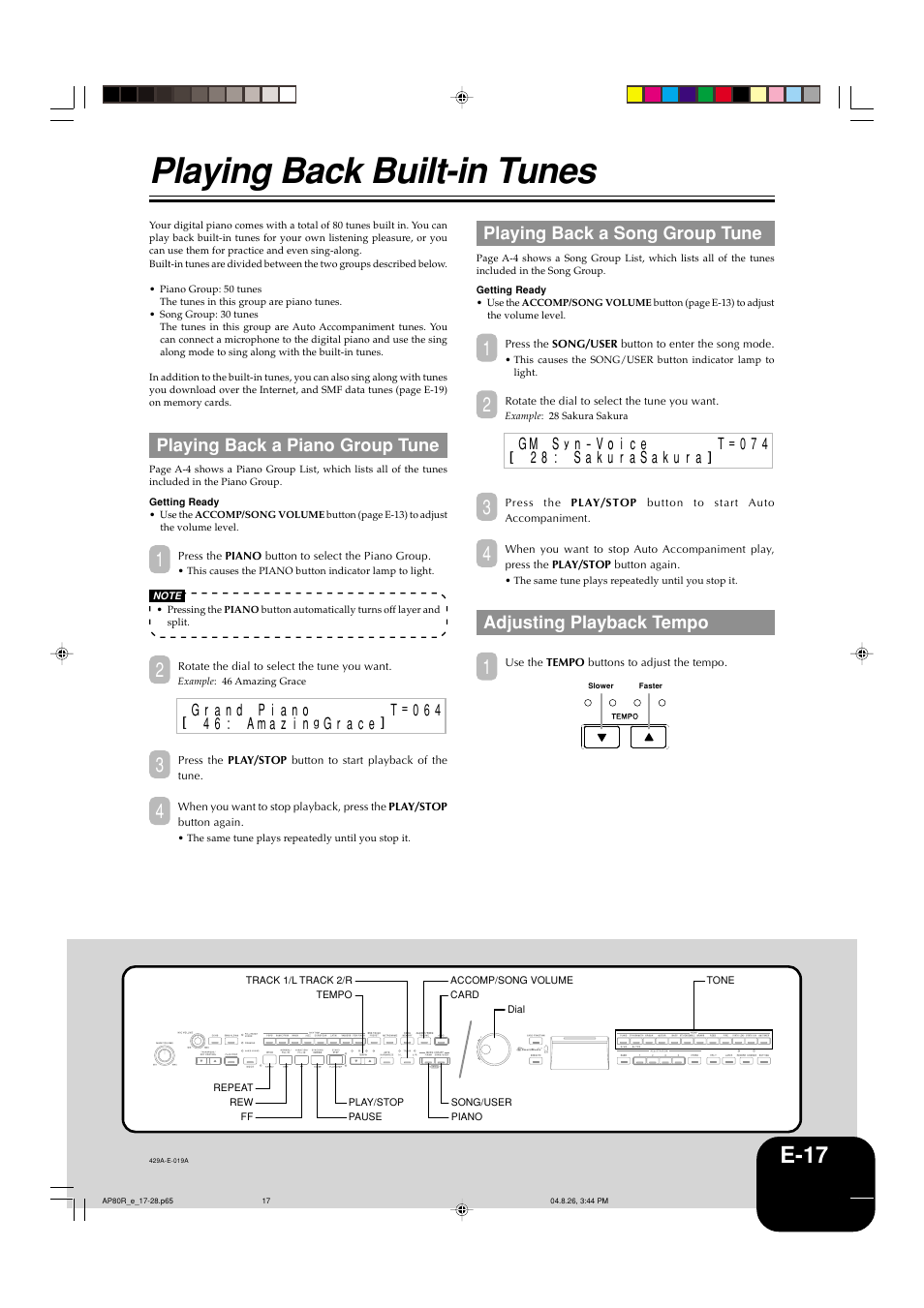 Playing back built-in tunes, E-17, Playing back a piano group tune | Playing back a song group tune, Adjusting playback tempo | Casio AP-80R User Manual | Page 19 / 53