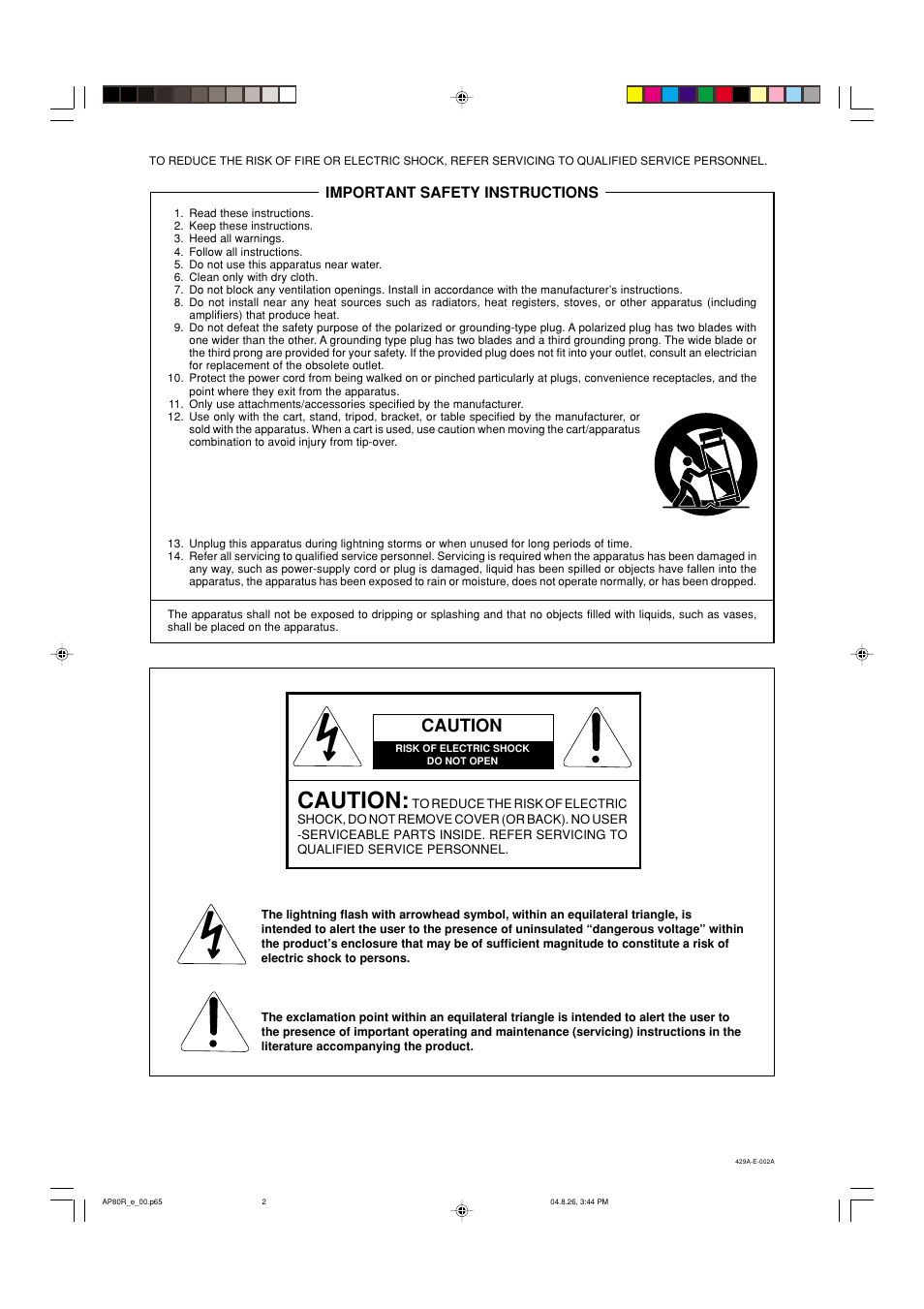 Caution, Important safety instructions | Casio AP-80R User Manual | Page 2 / 53