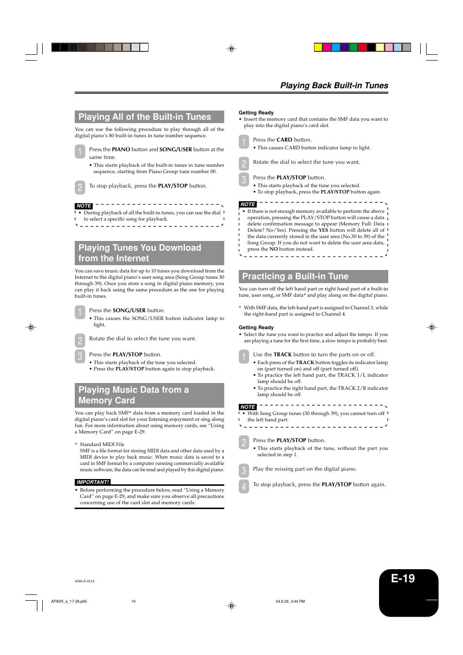 E-19, Playing all of the built-in tunes, Playing tunes you download from the internet | Practicing a built-in tune, Playing back built-in tunes | Casio AP-80R User Manual | Page 21 / 53