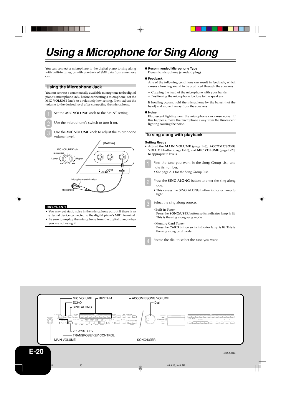 Using a microphone for sing along, E-20 | Casio AP-80R User Manual | Page 22 / 53