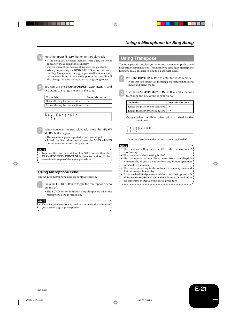 E-21, Using transpose, Using a microphone for sing along | O s e | Casio AP-80R User Manual | Page 23 / 53