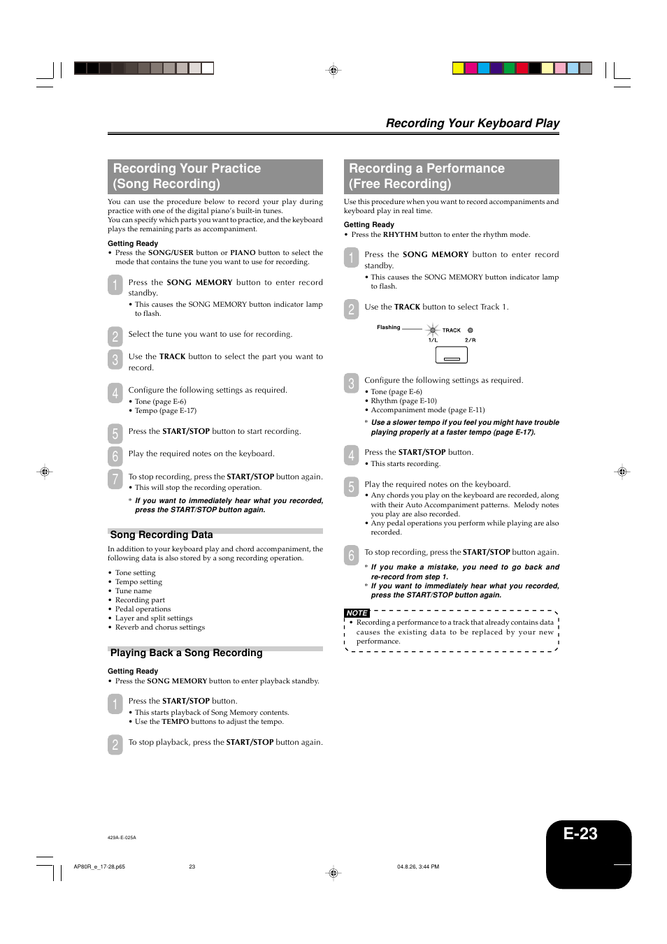 E-23, Recording your practice (song recording), Recording a performance (free recording) | Recording your keyboard play | Casio AP-80R User Manual | Page 25 / 53