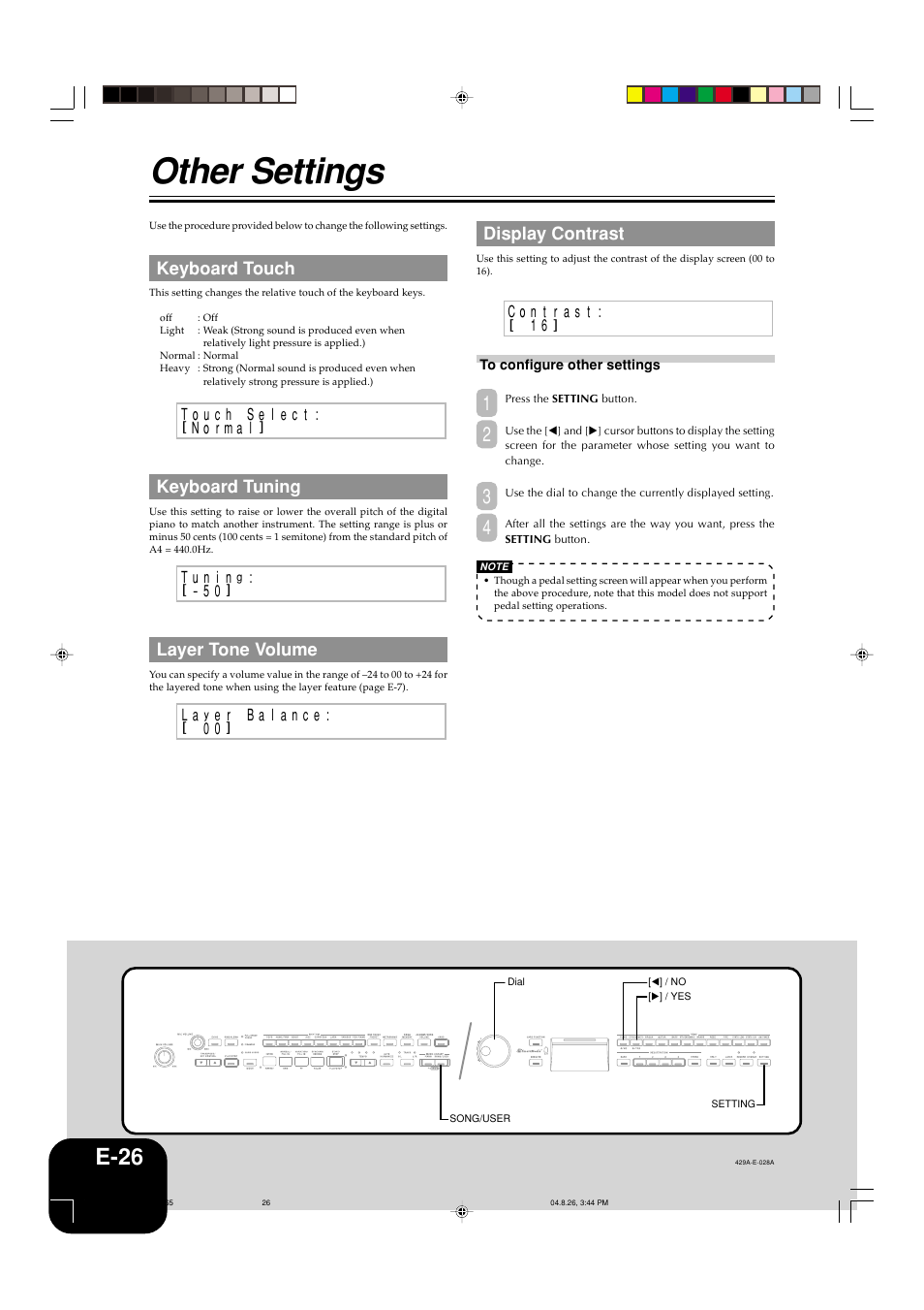 Other settings, E-26, Keyboard touch | Keyboard tuning, Layer tone volume, Display contrast | Casio AP-80R User Manual | Page 28 / 53