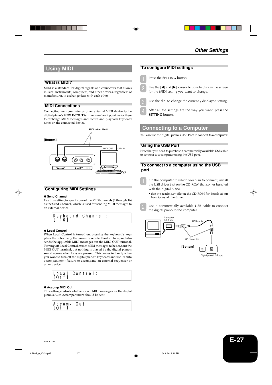 E-27, Using midi, Connecting to a computer | Other settings | Casio AP-80R User Manual | Page 29 / 53