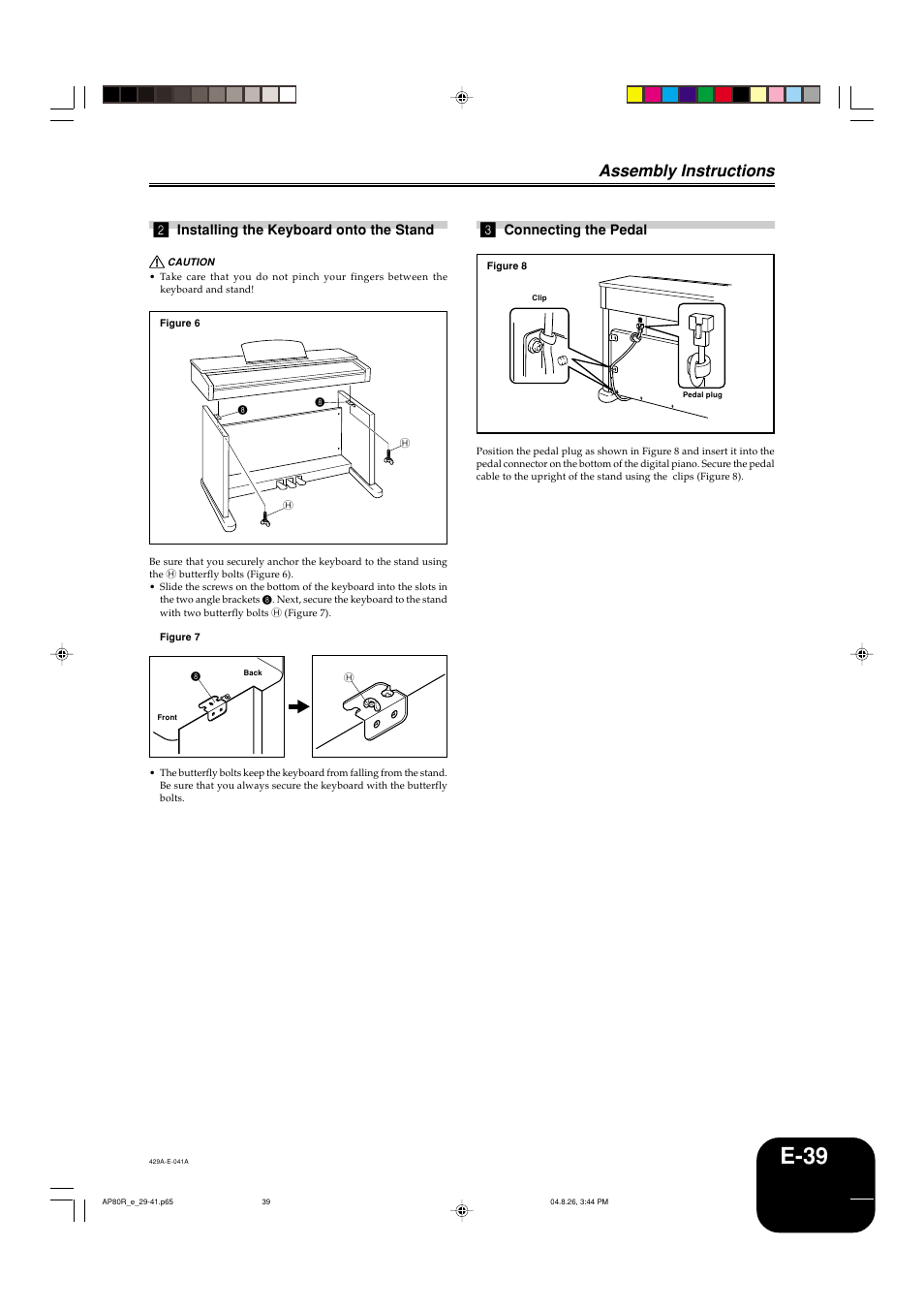 E-39, Assembly instructions 2, Installing the keyboard onto the stand | Connecting the pedal | Casio AP-80R User Manual | Page 41 / 53