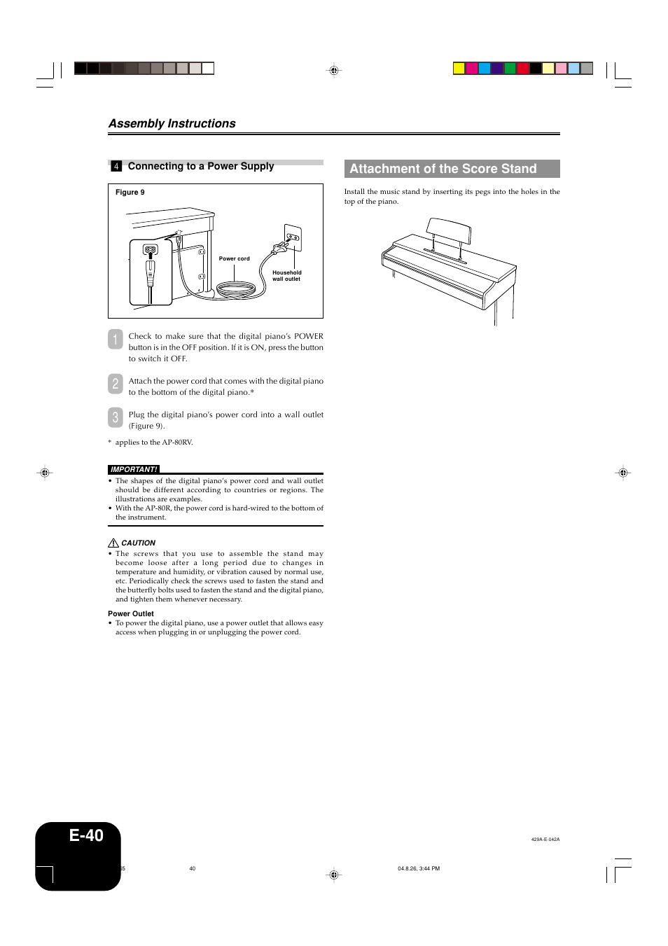 E-40, Attachment of the score stand, Assembly instructions 4 | Casio AP-80R User Manual | Page 42 / 53