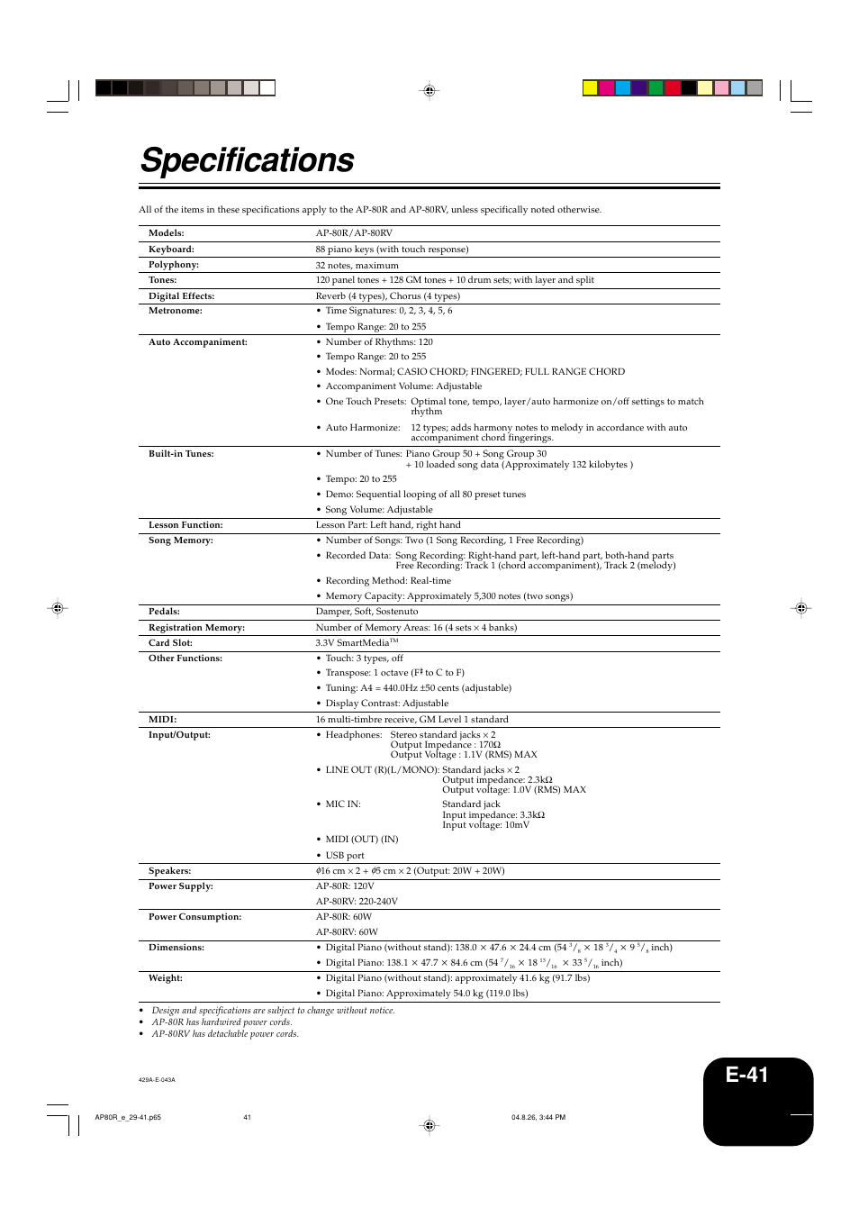 Specifications, E-41 | Casio AP-80R User Manual | Page 43 / 53
