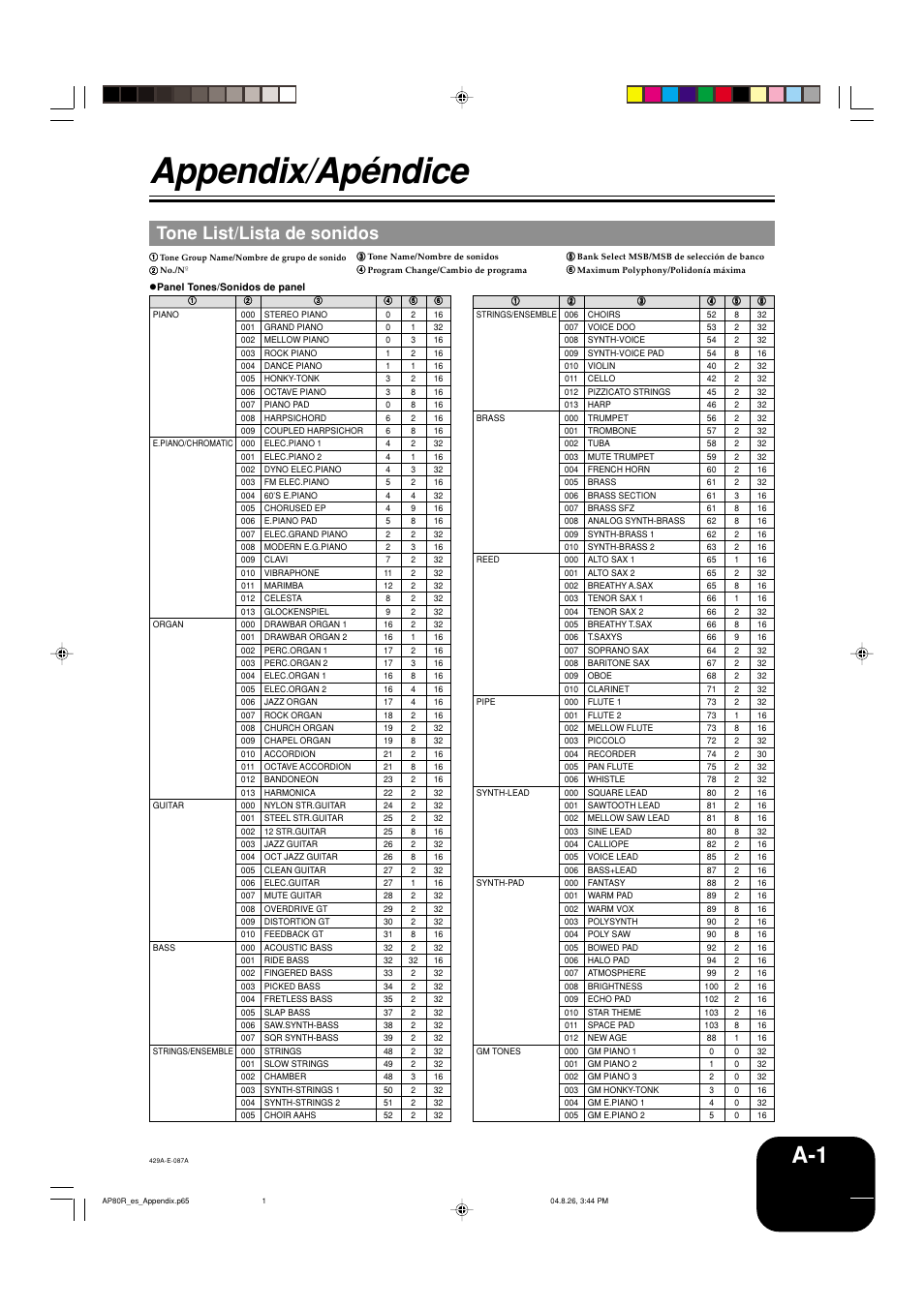 Appendix/apéndice, Tone list/lista de sonidos | Casio AP-80R User Manual | Page 44 / 53