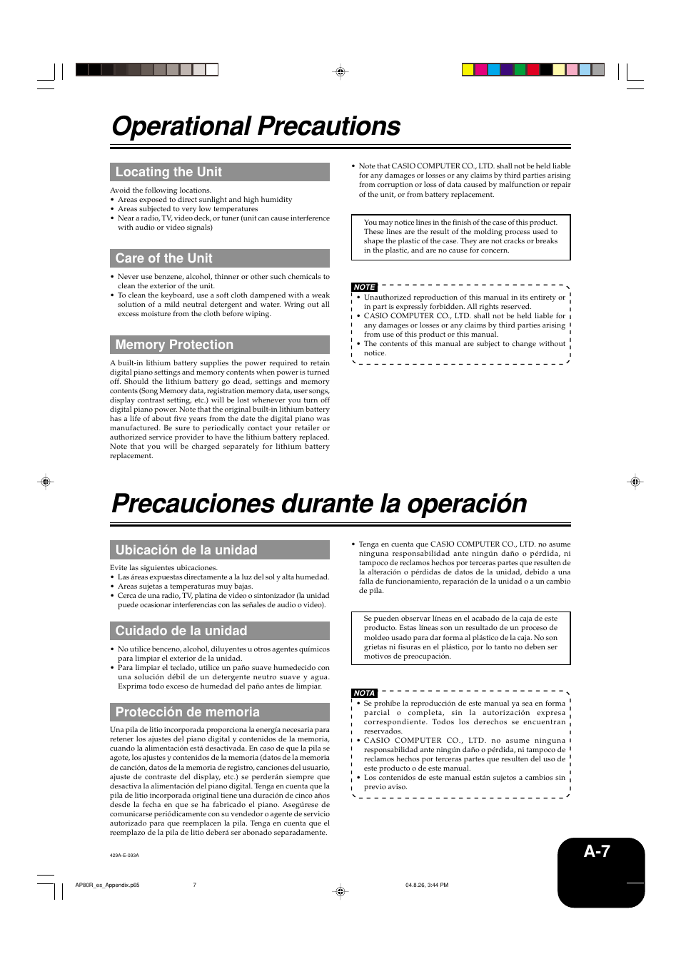 Operational precautions, Precauciones durante la operación, Locating the unit | Care of the unit, Ubicación de la unidad, Cuidado de la unidad | Casio AP-80R User Manual | Page 50 / 53