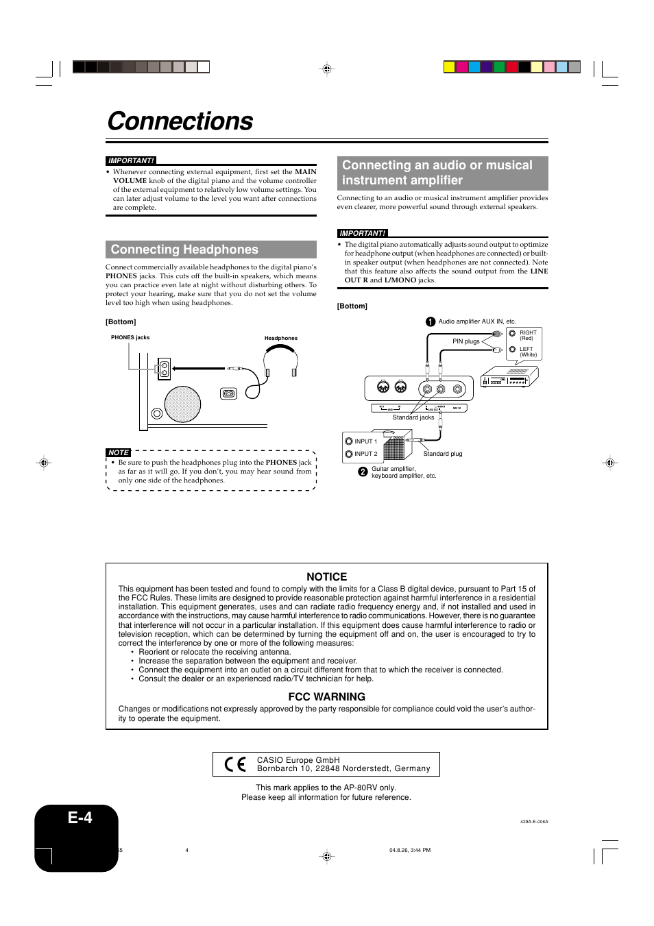 Connections, Connecting headphones, Notice | Fcc warning | Casio AP-80R User Manual | Page 6 / 53