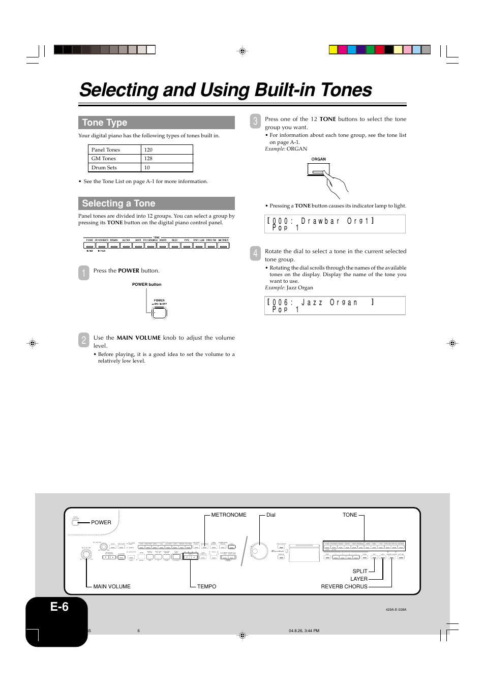 Selecting and using built-in tones, Tone type, Selecting a tone | Casio AP-80R User Manual | Page 8 / 53