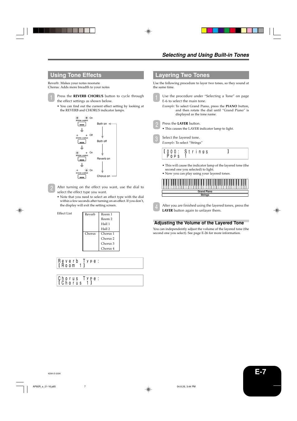 Using tone effects, Layering two tones, Selecting and using built-in tones | Casio AP-80R User Manual | Page 9 / 53
