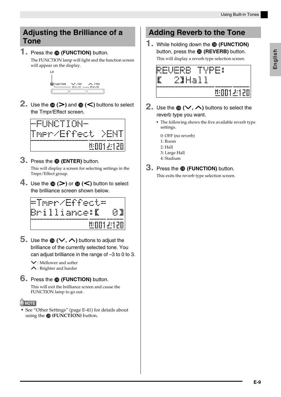 Adjusting the brilliance of a tone, Adding reverb to the tone | Casio AP-650M User Manual | Page 11 / 84